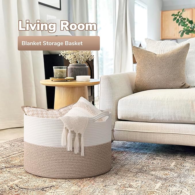 Goodpick 65L Large Woven Rope Basket for Blankets Living Room, 65L | 19.7 x 19.7 x 12.6 In Woven Basket for Storage, Kids Toy Storage for Playroom, Laundry Basket for Towels, Light Brown