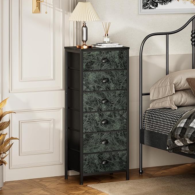Dresser for Bedroom, 6 Drawer Tall Storage Tower Unit and Chest | Vintage Green Fabric Drawer Organizer in Dorm, Vertical Tall Nightstand Furniture in Living Room,Closet, Metal Frame,Wood Top