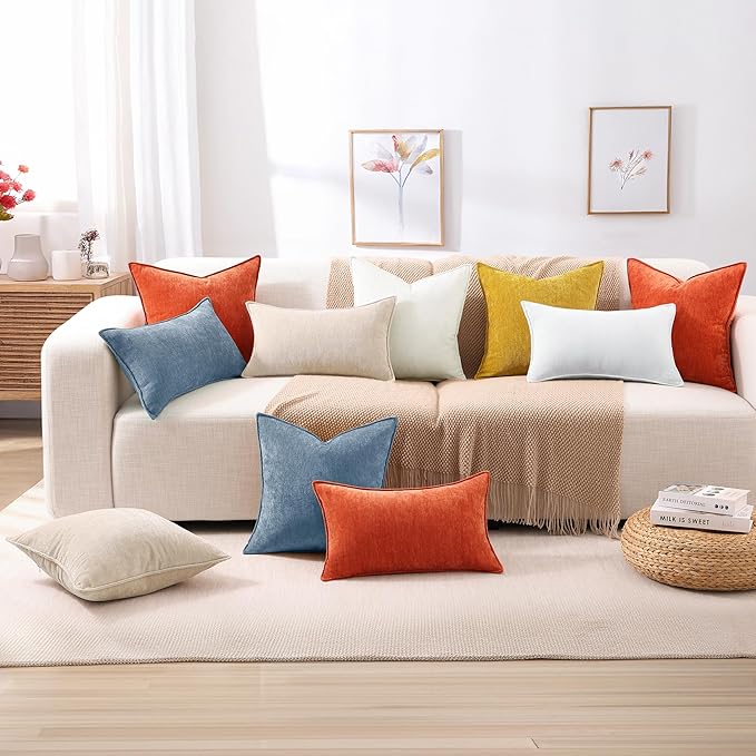 decorUhome Chenille Blue Grey Velvet Throw Pillow Covers 26x26 Set of 2 | Fall Soft Euro Sham Couch Decorative Modern Farmhouse Pillow Cases with Elegant Design for Sofa Bed Living Room Home Decor