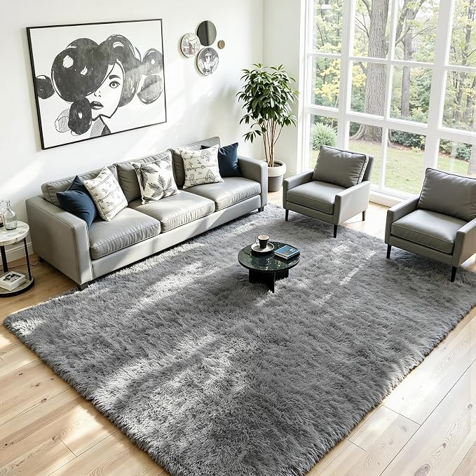 6x9 Area Rug for Living Room, Ultra Soft Fluffy Light Grey Rugs for Bedroom, Non Slip Large Shag Carpet, Fuzzy Plush Nursery Rug, Thick Washable Indoor Floor Carpets for Kids Office Dorm Home Decor