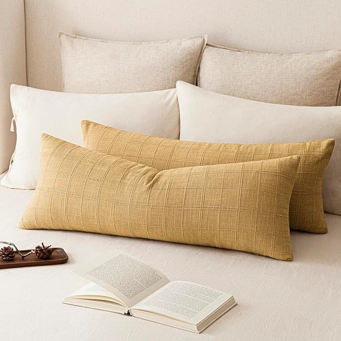 Foindtower Set of 2 Decorative Linen Check Throw Pillow Covers Neutral Farmhouse Vintage Cushion Covers Cozy Modern Boho Accent Home Decor for Sofa Chair Couch Bed Living Room,14×36 Inch,Amber Gold