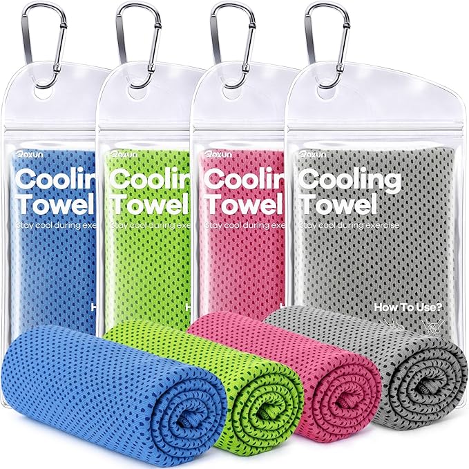 ROXUN 4 Pack Cooling Towels, 40''x12'' Soft Breathable Chilly Neck Ice Rags | Workout Running Golf Gray+Blue+Pink+Green