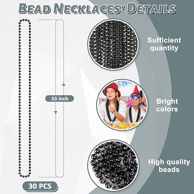 Beads Necklace, 30PCS Black Necklaces Halloween Stuff Accessories, 33" Mardi Gras Beads Necklace Costume Bulk, Festival Parade Throw for Halloween New Years Eve Party Events Supplies Decorations