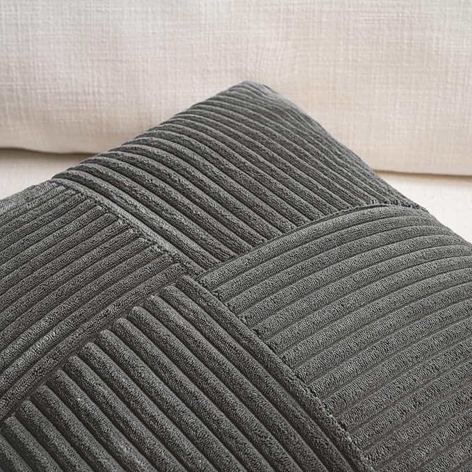 Fancy Homi 2 Packs Dark Gray Euro Decorative Throw Pillow Covers 26x26 Inch for Couch Bed Sofa, Rustic Farmhouse Boho Home Decor, Soft Corss Corduroy Patchwork Textured Square Cushion Case 66x66 cm