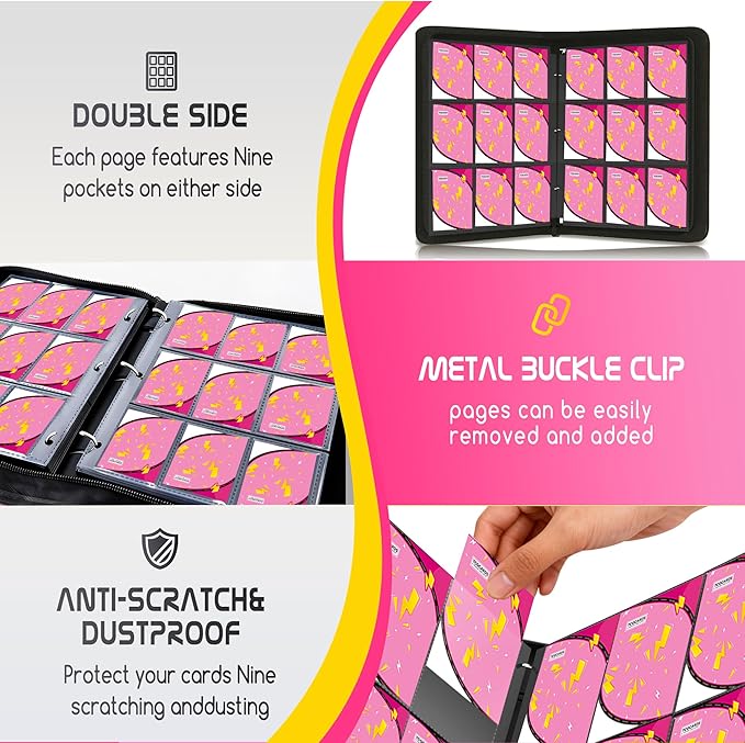 Trading Card Binder 9 Pocket,900 Pocket Card Collection Binder with 50 Removable Sleeves,PU Waterproof Top Card Book,3-Ring Zipper Collectible Trading Card Album for MTG/TCG/Card Holder Gift（Pink）