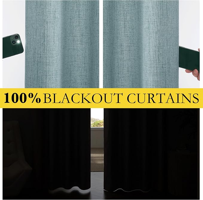 NICETOWN 100% Absolutely Blackout Linen Curtains with Thermal Insulated Liner, Skylark Blue, 62" Wide, 102" Length Energy Saving Curtains for Living Room 2 Panels Set, Vertical Blinds