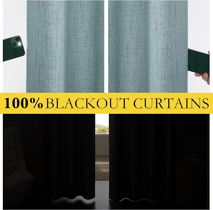 NICETOWN 100% Absolutely Blackout Linen Curtains with Thermal Insulated Liner, Skylark Blue, 62" Wide, 84" Length Energy Saving Curtains for Living Room 2 Panels Set, Vertical Blinds