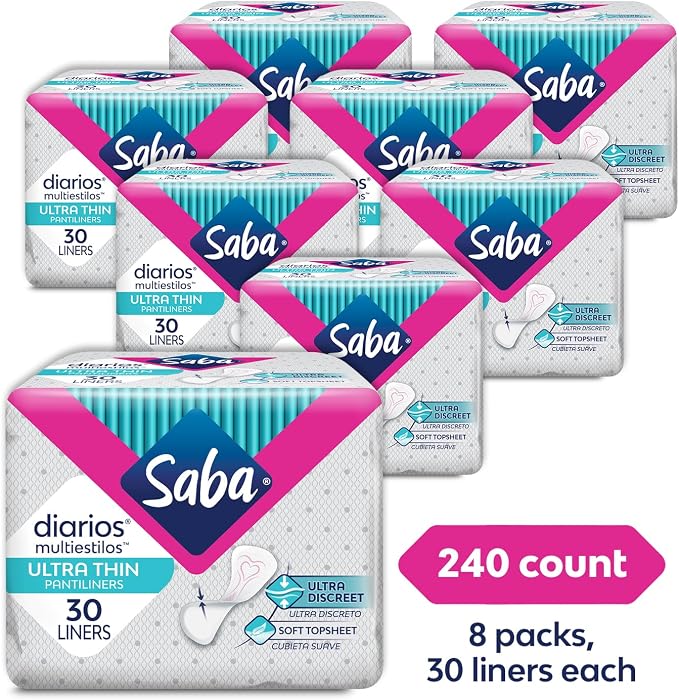 Saba Diarios Ultra Thin Multishape Pantiliners, Flexible & Versatile Panty Liners, 8-Pack of 30 Pads (240 Count)
