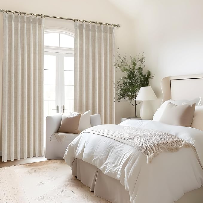 PleatedDrapes Light Filtering Curtains 100 Inches Long for Bedroom 2 Panels Set, Boho Pinch Pleat Natural Linen Blend Sheer Patio Door Curtain with Hooks Back Tab Large Windows Drapes Privacy 8-1/3 FT