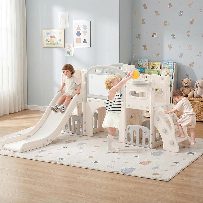 Outdoor Toddler Playset with Slide Set, Indoor Playground for Toddlers 1-3, Climber Play Set with Telescope Basketball Hoop, Tunnel Playhouse and Jungle Gym