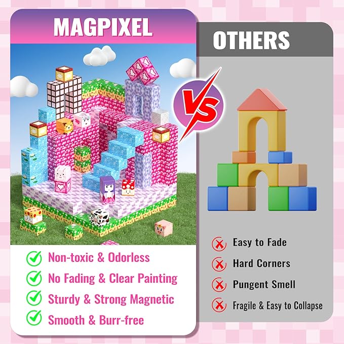 Magnetic Building Blocks Cubes: SETM Educational Toys for Girls Aged 3-12 - Pink 100 PCS, Birthday Gift, Pixel Blossom World