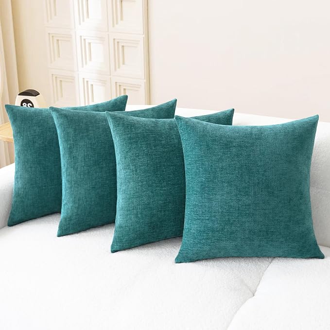 CaliTime Decorative Couch Throw Pillow Covers 18 X 18 Inches Teal | Pack of 4, Cozy Chenille Cushion Cases for Sofa Bed Living Room Farmhouse Home
