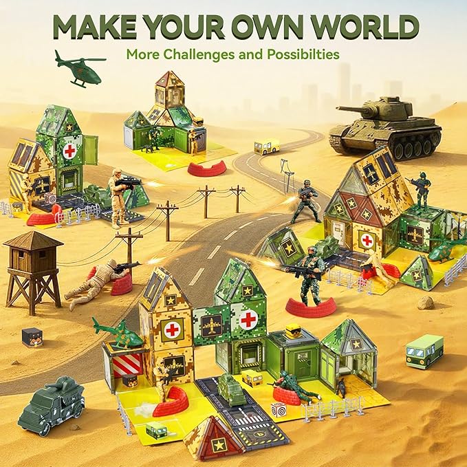 VigorFun Army Magnetic Tiles Building Toys Set for Kids Ages 3-5 4-8, STEM Military Magnetic Blocks with Army Men for Toddler, Educational Sensory Magnet Toys Gifts for Boys Girls Learning Classroom