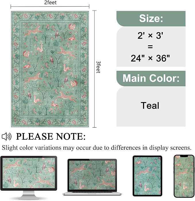 DUKINO 2x3 Entryway Rug, Washable Door Mat Animal Rug for Kitchen, Teal | Non Slip, Low Pile, Soft Indoor Small Rug for Entrance, Bedroom, Bathroom, Laundry, Pet Friendly, Lightweight, Non-Shedding