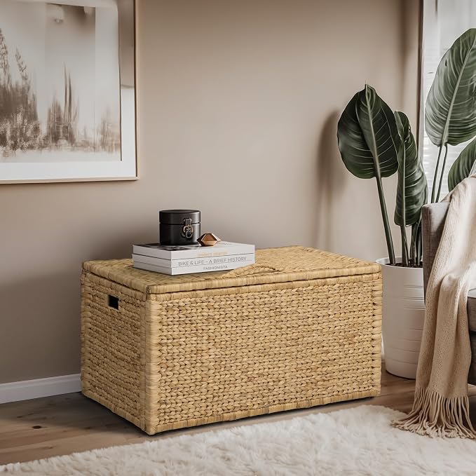 Water Hyacinth Blanket Storage Trunk, Natural, 36 x 20 x 18.5 | Metal Frame, 2 Safety Hinges, Wicker Decorative Storage Chest, Living Room Organization