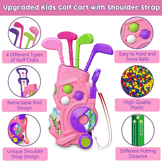 Toddler Golf Set with Putting Mat, 4 Clubs, 8 Balls, 2 Practice Holes for Kids 3-5 Years Old, Indoor Outdoor Sports Toys with Shoulder Strap, 20 Pieces