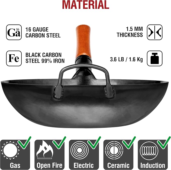 YOSUKATA Carbon Steel Wok Pan 13,5 “ + Premium Wok Cover 13.5 inch Pan Lid + Natural Wooden Long Cooking Chopsticks Set of 3 pairs