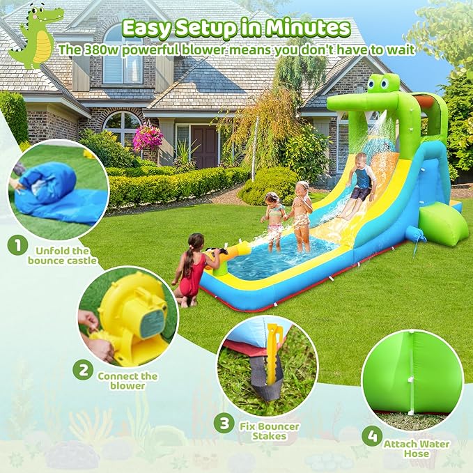 NBSPORT Inflatable Water Slide - Crocodile Theme Bounce House Water Park with Blower, Climbing Wall, Splash Pool, Water Cannon, Blow up Toddler Waterslide for Kids and Adults Backyard, Green