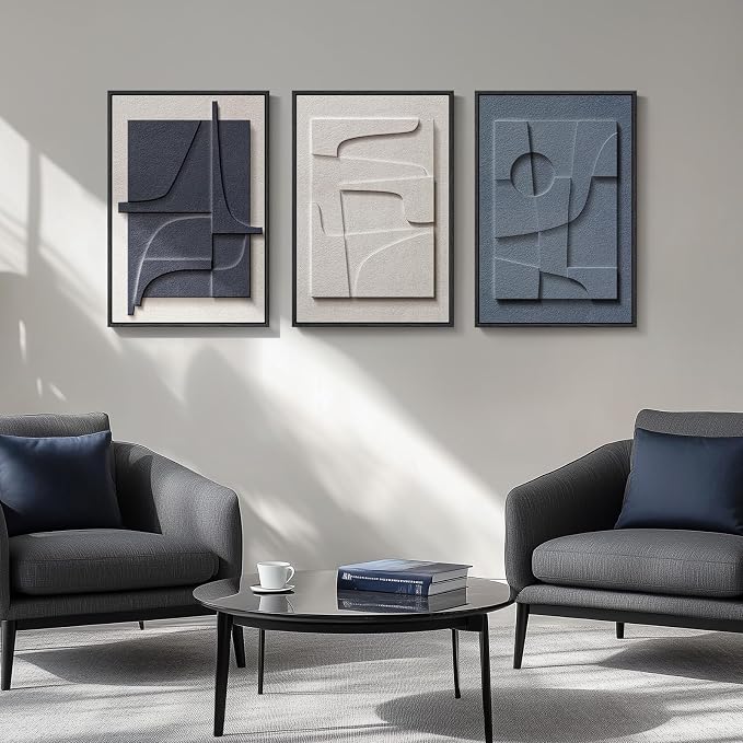 3D Textured Framed Blue and White Abstract Wall Art Set, 3 Piece, 16x24 In | Solid wood frames, raised geometric reliefs, navy blue and ivory tones, modern decor for bedroom living room dining room