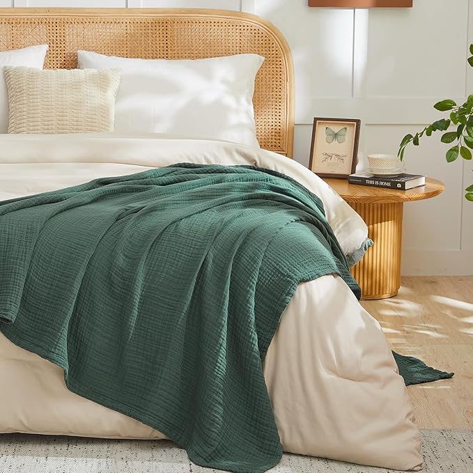 EMME Muslin Blankets for Adults Throw Blanket for Couch Breathable Gauze Soft Lightweight Airy Forest Green Twin XL 66" x 90"
