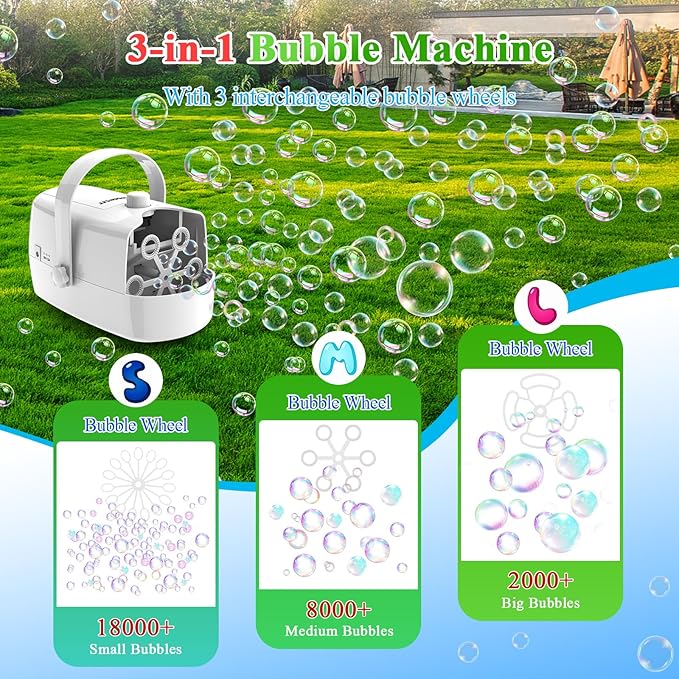 Bubble Machine, 3-in-1 Bubble Maker, Automatic Bubble Blower with 3 Bubble Wands, 8000+ Colorful Bubbles for Kids Toddlers, Operated by Plug-in or Batteries for Indoor Outdoor Birthday Party