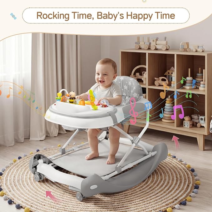 5 in 1 Baby Walker, Music and Lights Foldable Baby Walker with Wheels, 3 Adjustable Heights, with Bouncer Combo, Rocker, Activity Walker for Baby Boy and Girl 6-18 Months (Gray)
