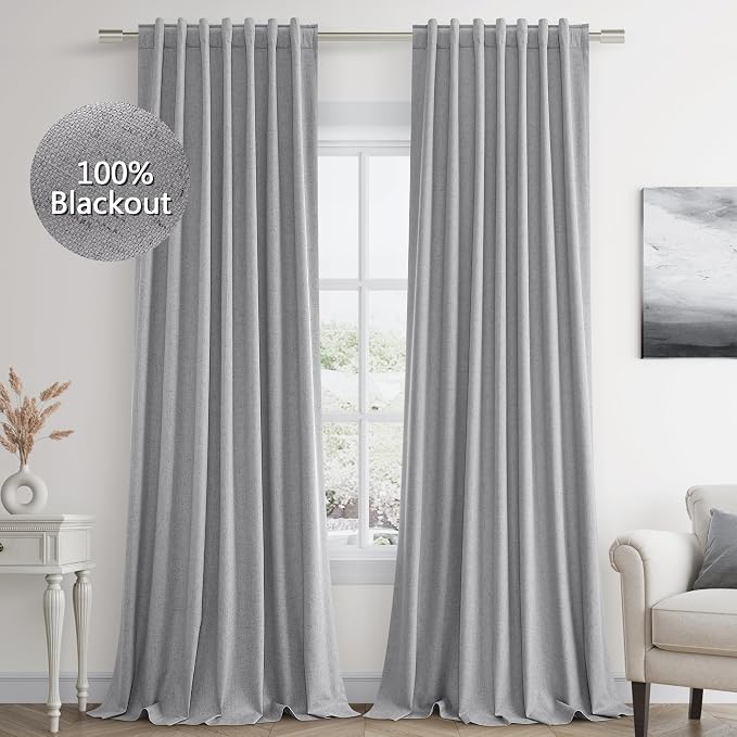 Guken Grey 100% Blackout Curtains 96 Inch Length 2 Panels Set for Living Room Bedroom Back Tab Thermal Insulated Black Out Linen Drapes Room Darkening Window Curtains 96 Inches Long