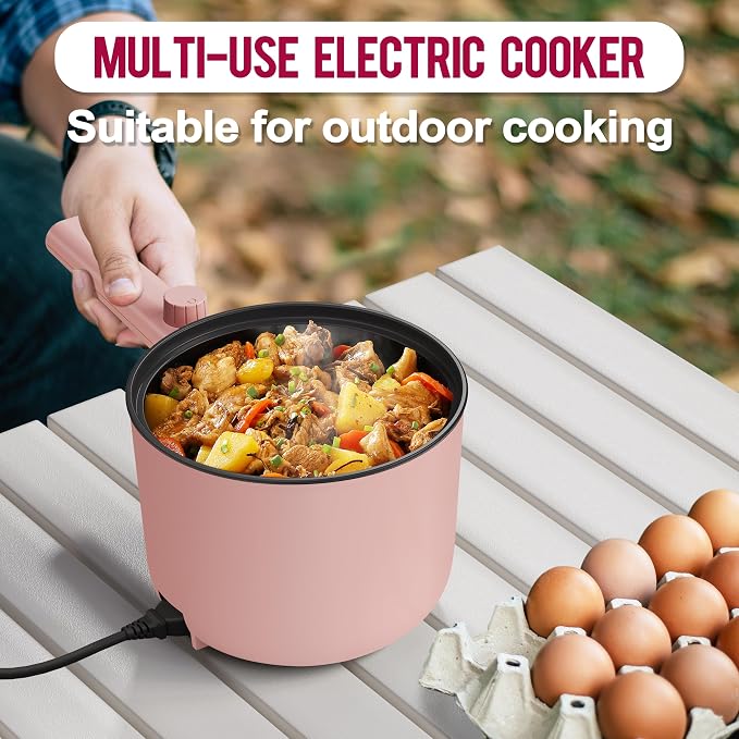 Topwit 1.5L Hot Pot Electric, Portable Ramen Cooker, Non-Stick Frying Pan | BPA-free, Glass Lid, Overheat & Boil-dry Protection, Electric Pot for Pasta, Steak, College Dorm Office Travel Essentials
