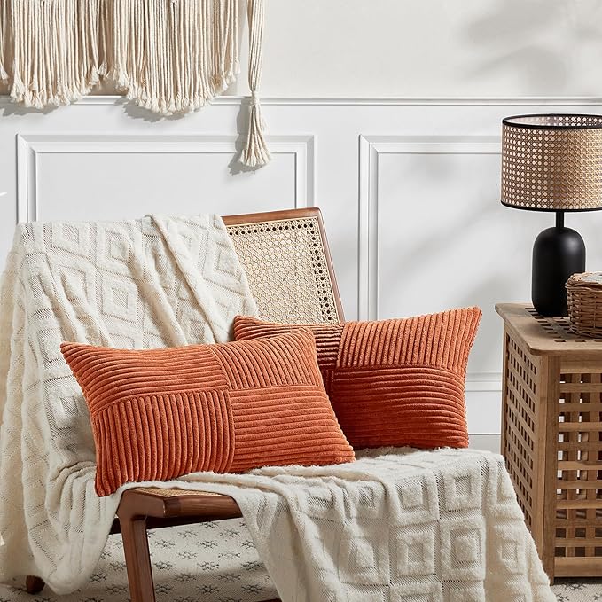 Fancy Homi Set of 2 Burnt Orange Long Lumbar Decorative Throw Pillow Covers 14x24 Inch for Living Room Couch Bed, Boho Farmhouse Fall Home Decor, Soft Corduroy Corss Textured Cushion Case 35x60 cm