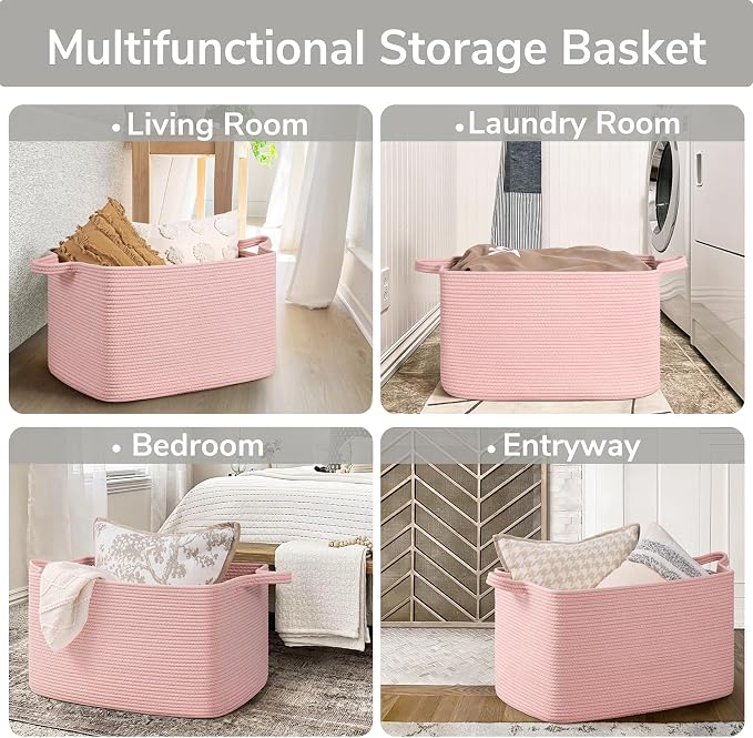 Goodpick Large Woven Rope Blanket Basket, Rectangle, Pink, 75L | 21.6'' x 14.9'' x 11.8'' Storage Basket for Toys & Blankets, Living Room, Bedroom & Nursery Organization, Reinforced Handles