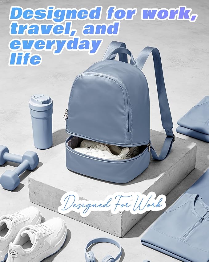 Small Gym Backpack for Women, Office-to-Gym Casual Daypack with Shoe Compartment, Lightweight Water Resistant Small-Size Bag, Clean Fit Style Work Backpack for Daily Use, Blue
