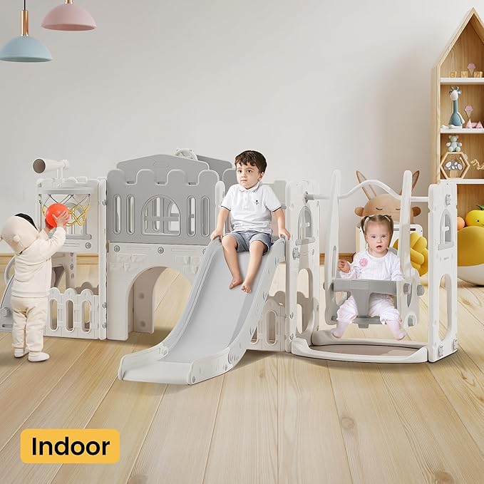 10 in 1 Toddler Slide Age 1-3 with Swing Basketball Hoop and Telescope Indoor Outdoor Slide Playset Toddler Playground (Grey)