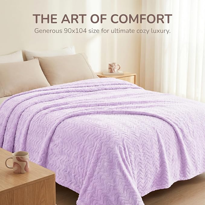 Exclusivo Mezcla Soft Fleece Blanket King Size for Bed, Sofa, Lilac Purple | 90"x104" Breathable Lightweight Flannel Blanket for Summer, Plush Cozy Jacquard Wave for Home Decor