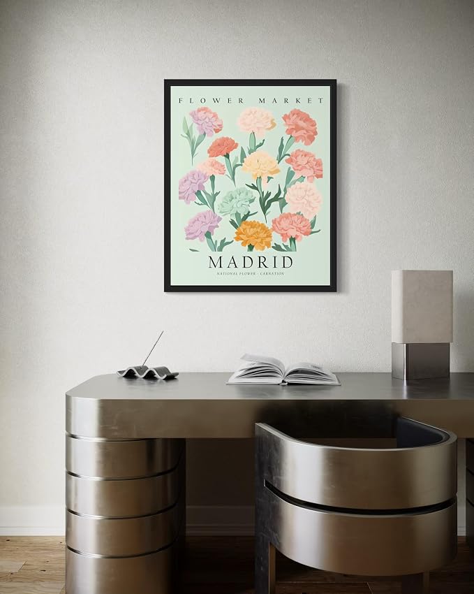 Spain Flower Market Art Print Poster, Wall Art Floral Painting Botanical Decor for Bedroom, Kitchen, Bathroom Livingroom Decoration 82B (Spain, 24"L x 18"W, Black Frame)
