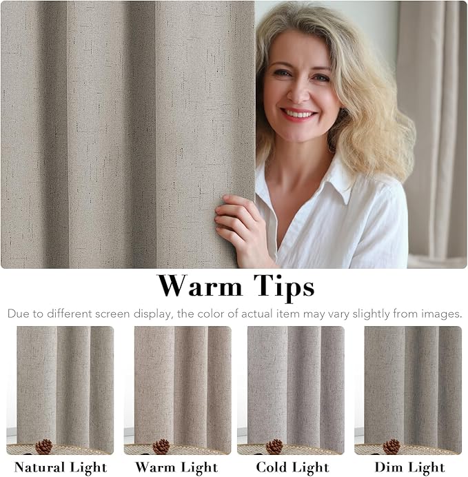 Primitive Linen Curtains 100% Blackout Curtain 63 Inches Long Burlap Fabric Curtains with White Thermal Insulated Liner, Grommet Top Drapes Living Room/Bedroom (2 Panels, 42 x 63 Inch, Stone)
