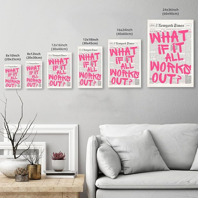 What If It All Works Out Poster Retro Newspaper Pink Wall Art Positive Affirmation Quote Minimalist Canvas Painting Prints Wall Decor Aesthetic for Home Bedroom Office 24x36inch Wrapped Framed