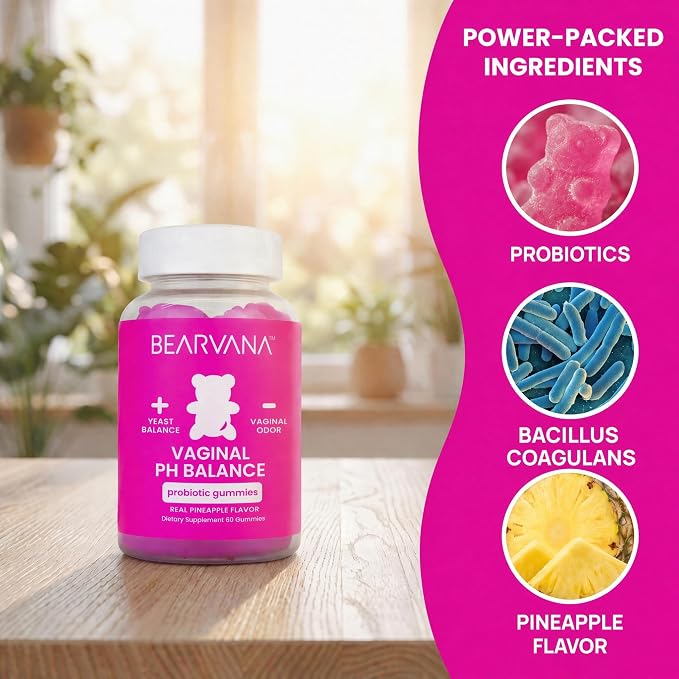 BEARVANA Vaginal pH Support & Probiotic Gummies for Women | Feminine Wellness & Intimate Care Supplement with Vitamin C | Pineapple Flavor | 60 Gummies