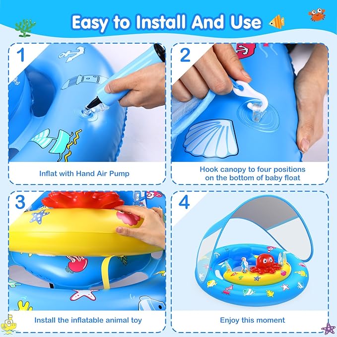 Baby Pool Float with Canopy, Inflatable Baby Swim Float with UPF50+ Sun Protection, Toddler Infant Pool Float with Toy Play Console Adjustable Safety Seat for Kids Girls Boys Aged 6-36 Months