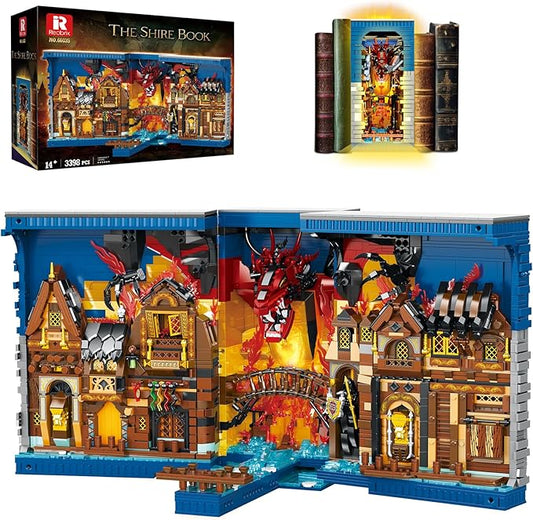 Shire Booknook Building Set with Light, H.obbit-Themed DIY Bookend Building Block Kit for Adults, Medieval Dragon Book Nook 3398PCS, Bookshelf Home Decor for Kids Boys Girls Age 14+