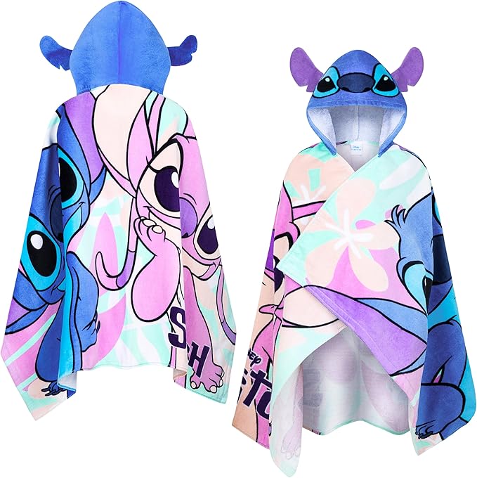 Disney Stitch Bath Towel with Hood for Kids Teenagers Absorbent Cozy Poncho Hooded Beach Towel Wrap for Beach Pool Swimming Bath Vacation Essentials (Blue/Multi Stitch, 6-14 Years)