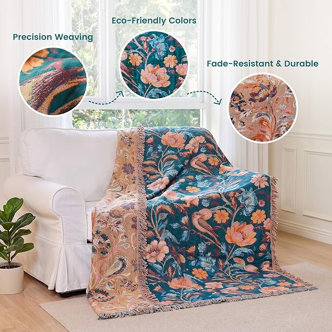 MSGKV Boho Throw Blanket for Couch Bed Cotton Muslin Breathable Flowers Birds Floral Twin Size Blanket 60"x80" for All Seasons Lightweight Farmhouse Blankets | Muslin Throw, Birds Floral Pattern, Reversible Woven, Twin Size Blanket, Farmhouse Decor, Ma...