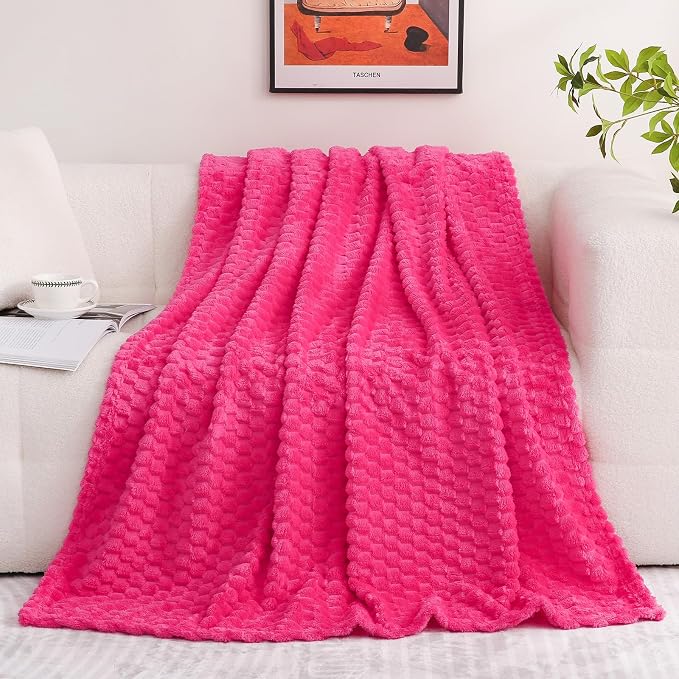 Puncuntex Hot Pink Throw Blanket 60"×80" Fuzzy 3D Jacquard Decorative | Flannel Fleece Super Soft Plush Cozy Blanket for Couch Sofa Chair Lightweight