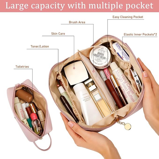 KKXIU Initial Makeup Bag for Women - Personalized Makeup Bag Gifts for Women, Travel Toiletry Bag with PU Leather, Open Flat Design with Top Handle, Cosmetic Bag Set with Multi-Pocket (Pink,K)
