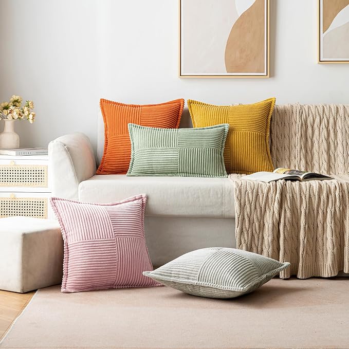 MIULEE Decorative Throw Pillow Covers for Couch 18x18 Inch Pink 2 Pack | Boho Broadside Striped Patchwork Pillow Covers, Soft Corduroy Cushion Cases, For Sofa Bed Livingroom Home Decor