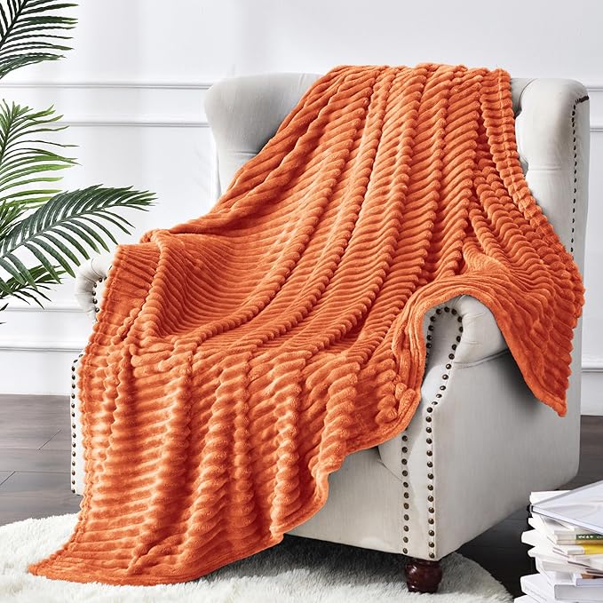 BEDELITE 3D Ribbed Burt Orange Fall Throw Blanket for Couch, 50x60 Inch | Soft Warm Decorative Fluffy Blanket, Cozy Plush Lightweight Fuzzy Throw Blanket for Bed Sofa Room Fall Decor, Gift for Women