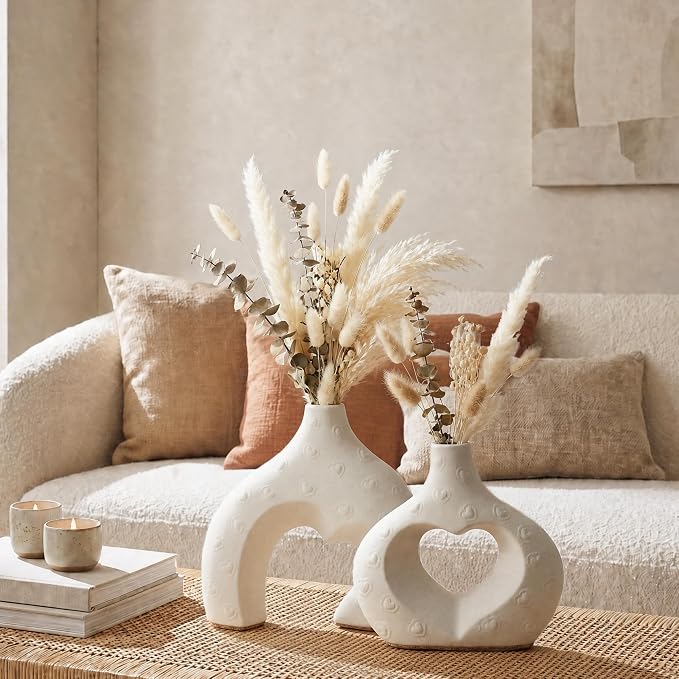 White Ceramic Flower Vases Table Decor Heart Shaped Vase Set of 2 | Nordic Heart Shaped Vases Minimalist Decorative Vase for Table Centerpiece Wedding Dining Living Room Office House Decoration