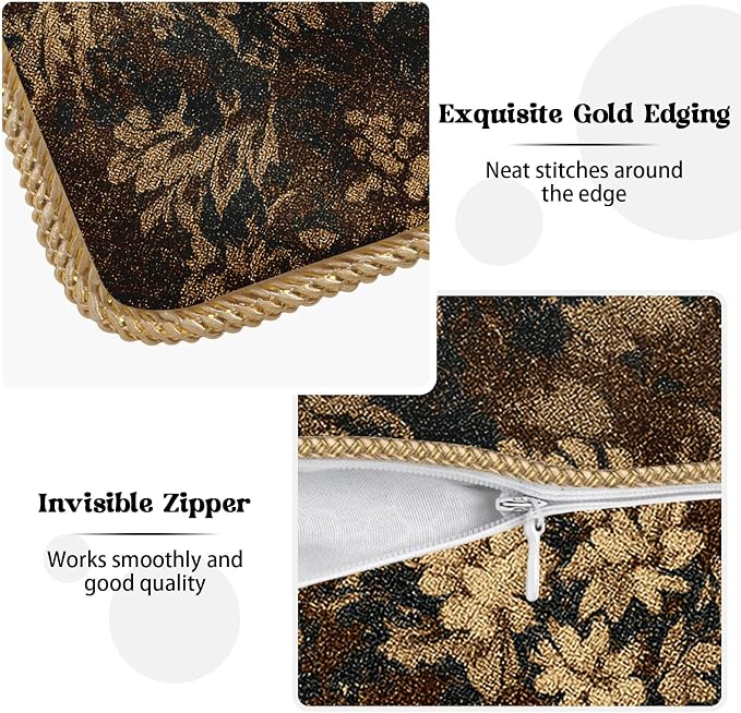 Vintage Dark Brown Flowers Velvet Pillow Covers 20x20 Inch Boho Retro Abstract Floral Throw Pillows for Couch Cushion Covers Pillowcase Bohemian Farmhouse Pillow Cases for Sofa Bed Bedroom