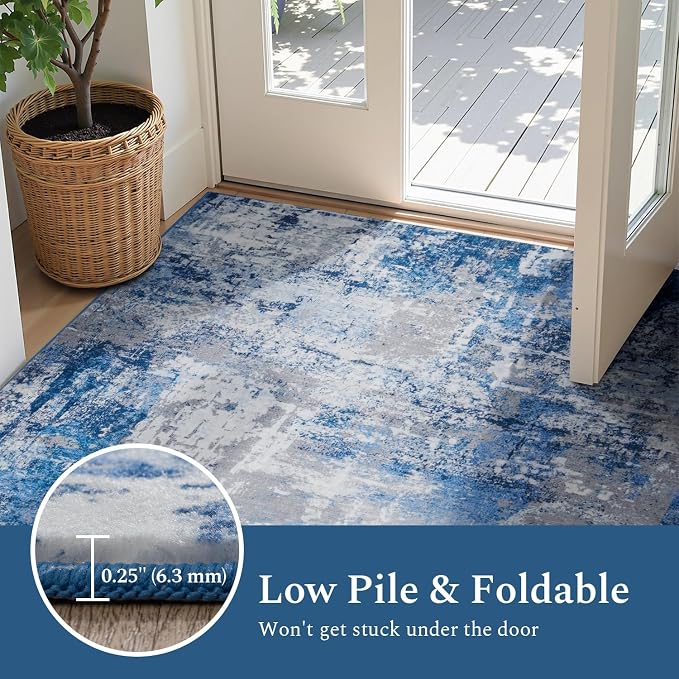 Rugflix 5x7 Area Rugs for Living Room, Washable Blue Grey Large Rug | Machine Washable; Stain-Resistant; Low Pile; Non-Slip; Modern Abstract; Carpet for Bedroom Dining Office Nursery Home