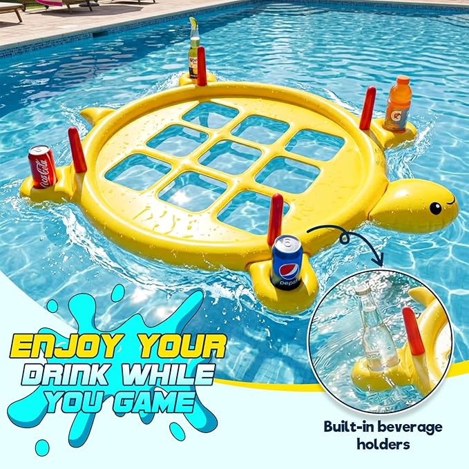2 in 1 Pool Toys Games Set Inflatable Tic Tac Toe with 10 Balls & 10 Rings for Adults Teens Kids, Giant Floating Tic-Tac-Toe with Cup Holder, Ring Toss, Large Outdoor Yard Carnival Field Day Game