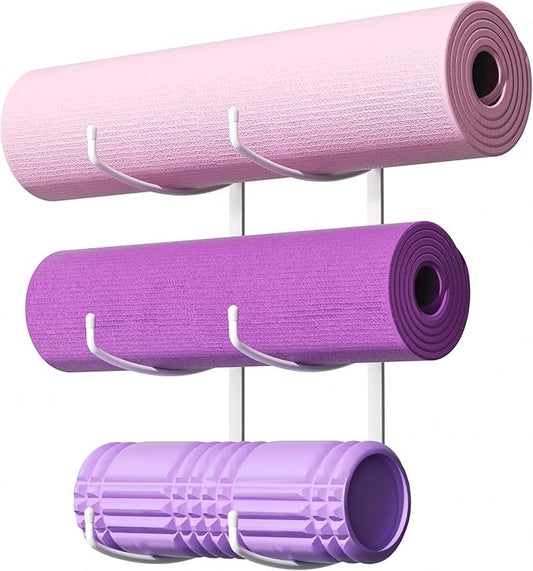 Yoga Mat Holder Wall Mount, 3-Tier Storage Rack for Yoga Mat, Foam Roller, Block, Yoga Accessories, Wall Organizer for Home Gym, Gym, Workout Room, Metal, White